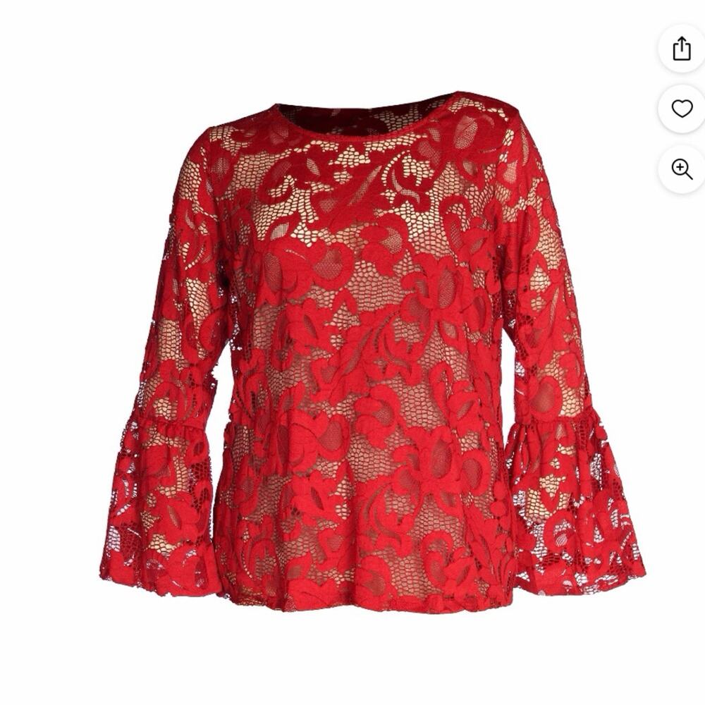 INC International Concepts Red Lace Nude Lined Top Bell Sleeves Scoop Neckline - Picture 4 of 16